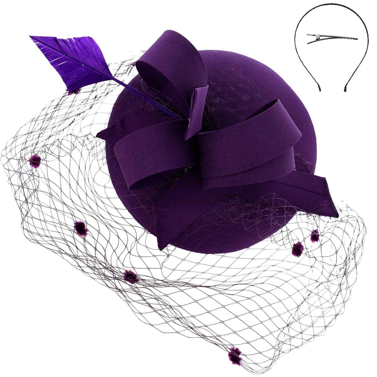Sophia Collection HTH2697WH Pillbox Beret w/ Loops and Dotted Netting Mesh Fascinator