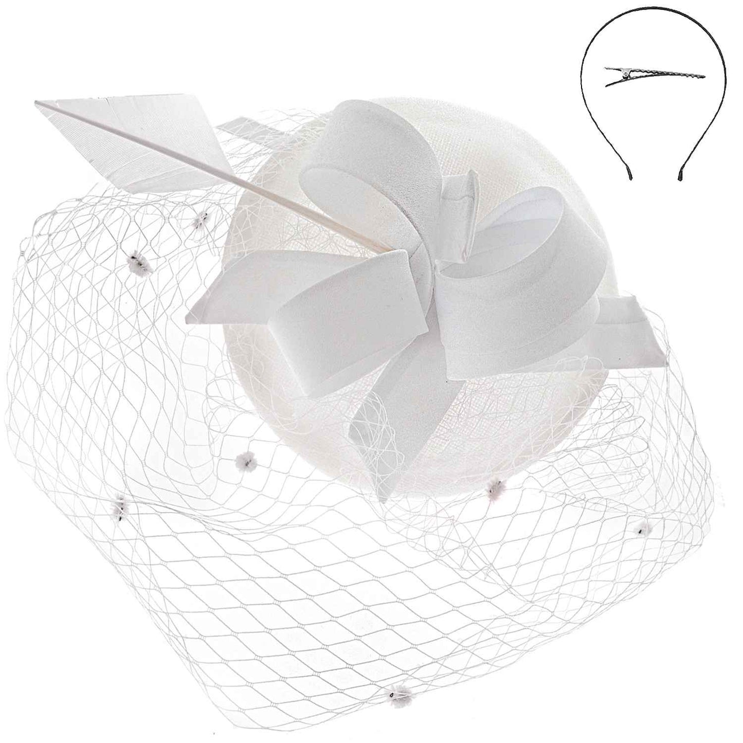 Sophia Collection HTH2697WH Pillbox Beret w/ Loops and Dotted Netting Mesh Fascinator