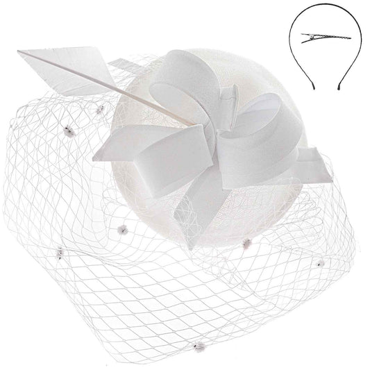 Sophia Collection HTH2697WH Pillbox Beret w/ Loops and Dotted Netting Mesh Fascinator
