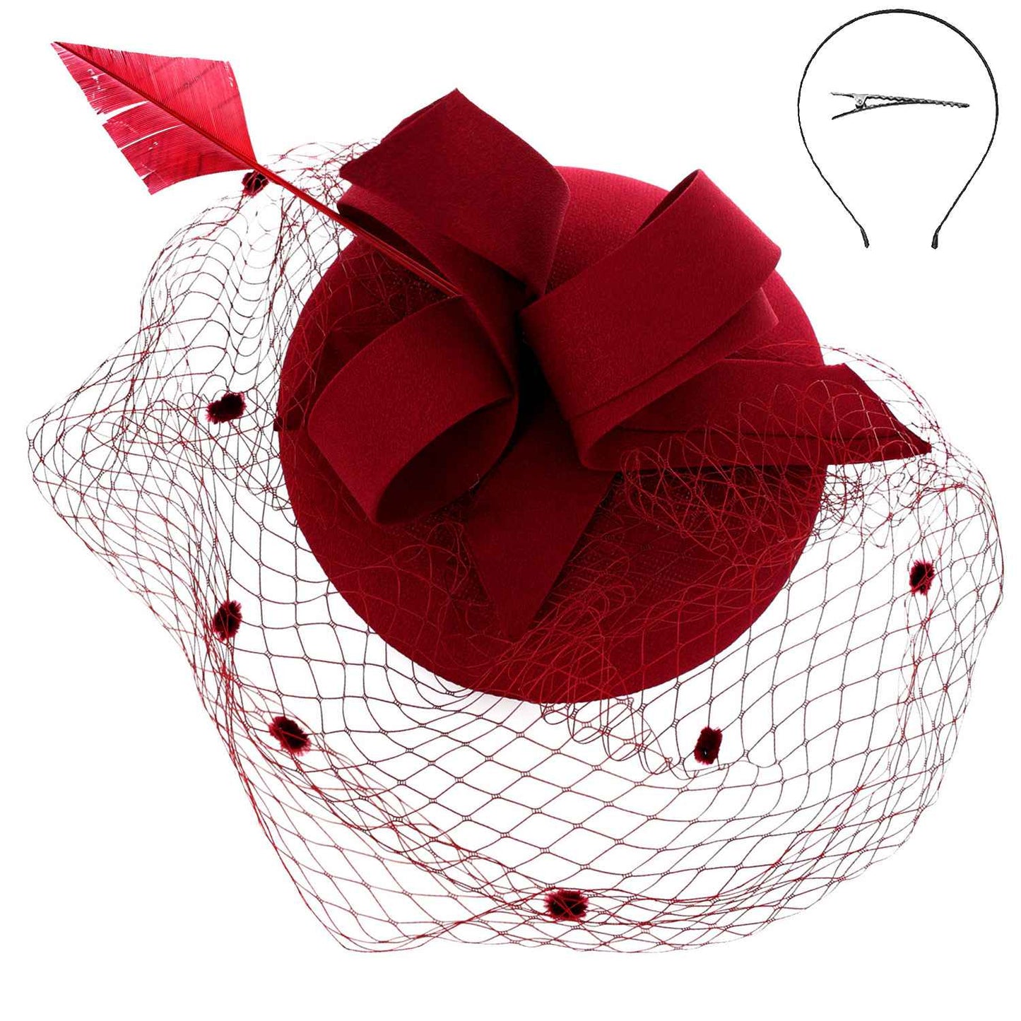 Sophia Collection HTH2697WH Pillbox Beret w/ Loops and Dotted Netting Mesh Fascinator