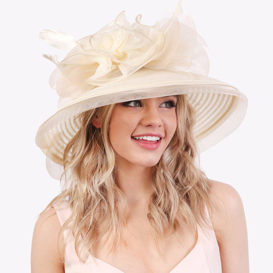 Sophia Collection Floral Mesh Ribbon w/ Feathers Derby Braid Hat