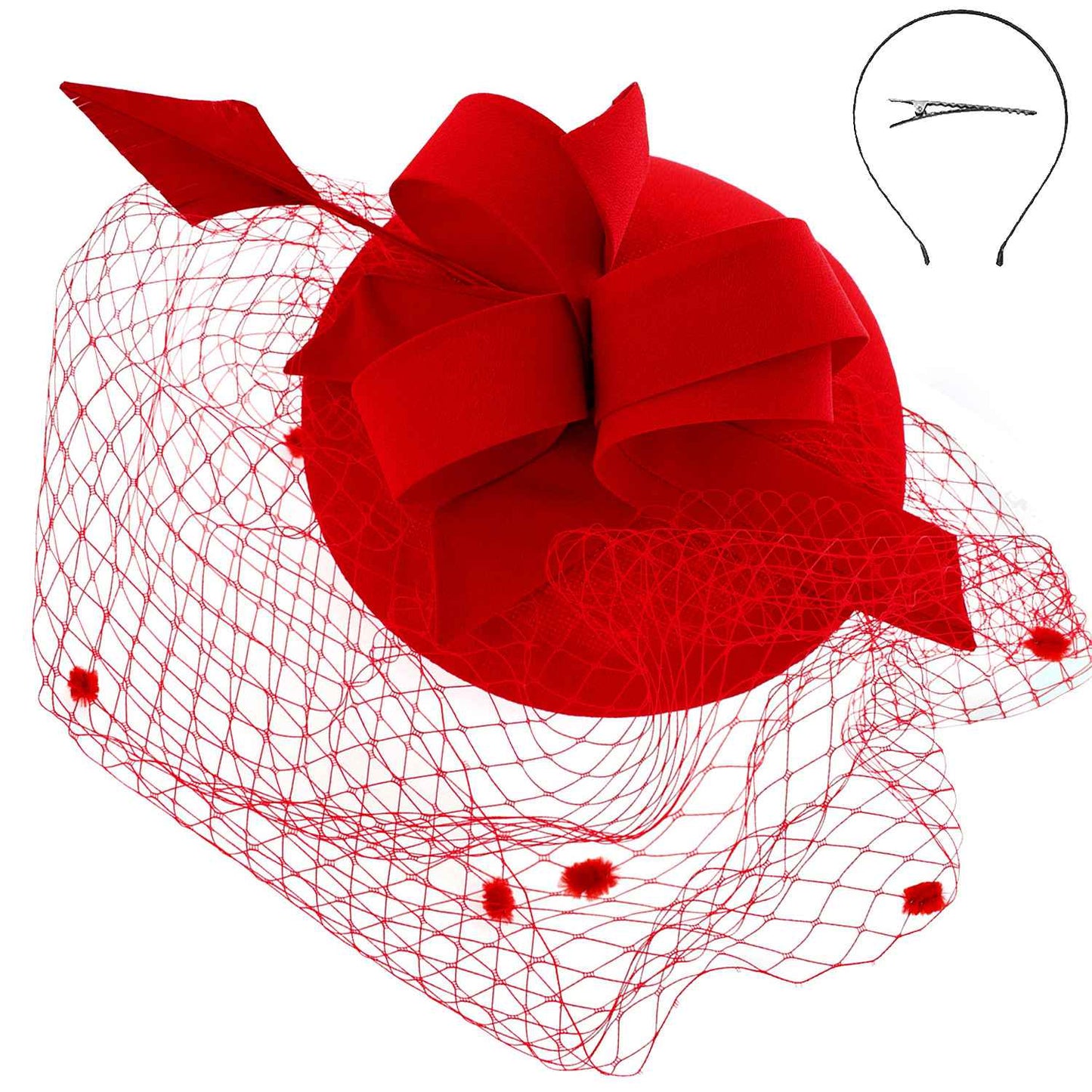 Sophia Collection HTH2697WH Pillbox Beret w/ Loops and Dotted Netting Mesh Fascinator
