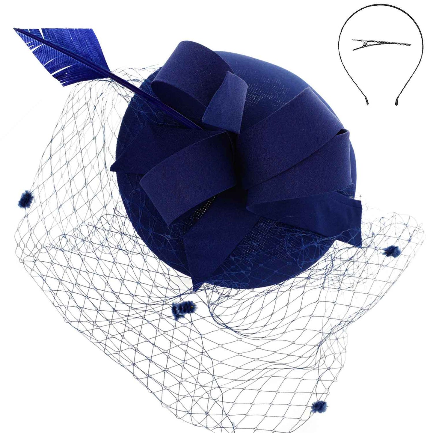 Sophia Collection HTH2697WH Pillbox Beret w/ Loops and Dotted Netting Mesh Fascinator