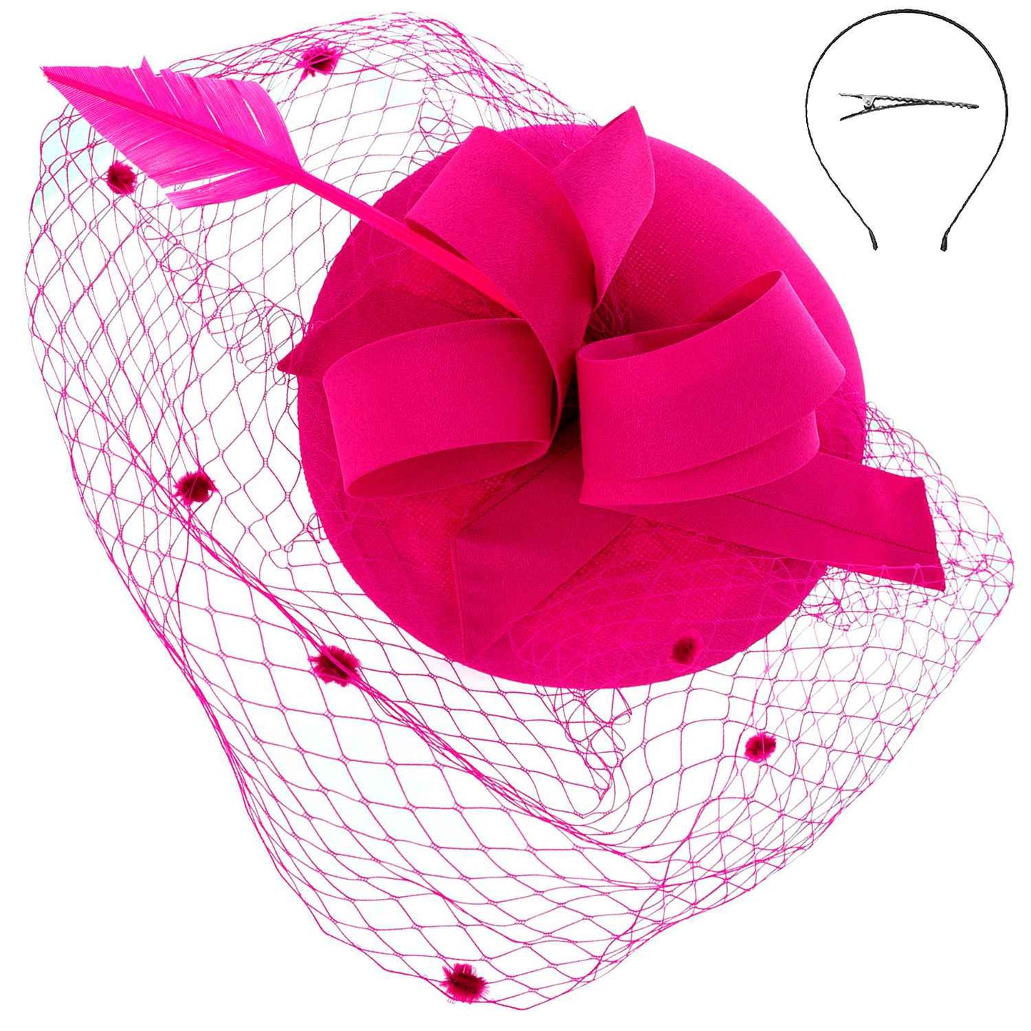 Sophia Collection HTH2697WH Pillbox Beret w/ Loops and Dotted Netting Mesh Fascinator