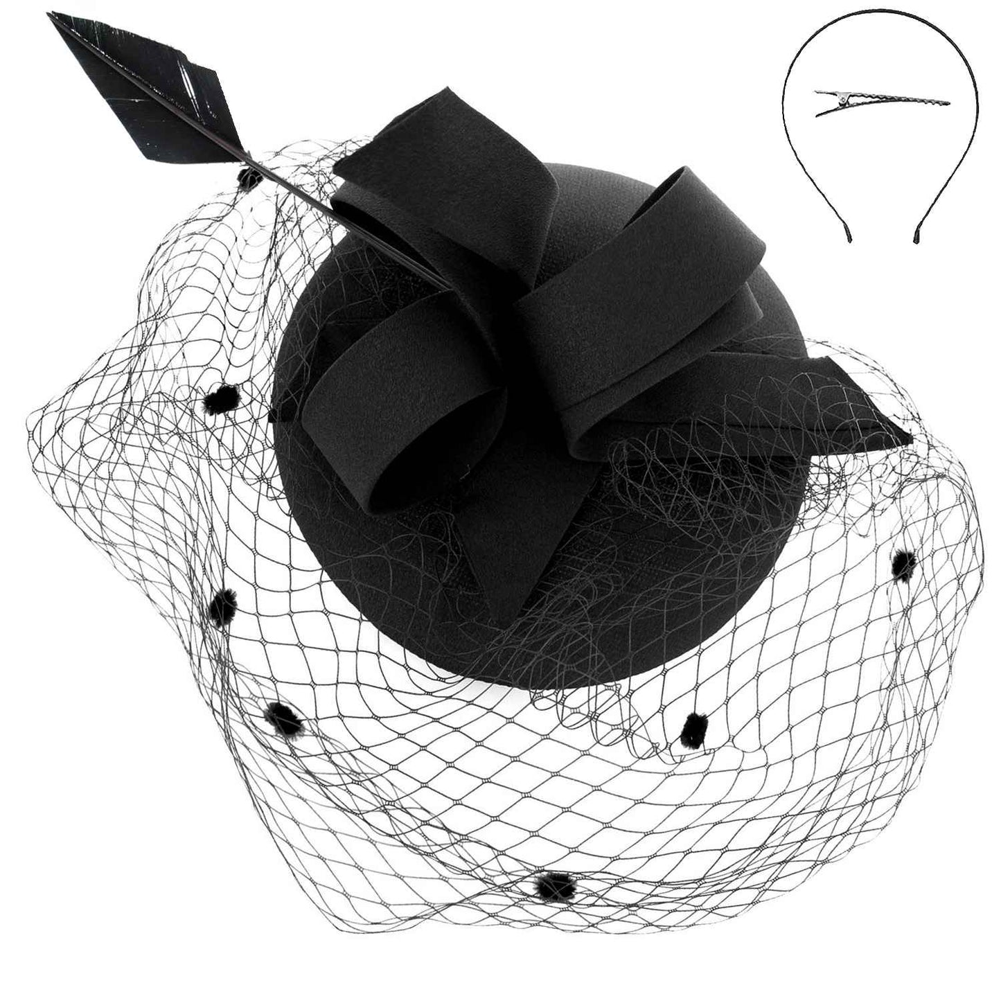 Pillbox Beret w/ Loops and Dotted Netting Mesh Fascinator