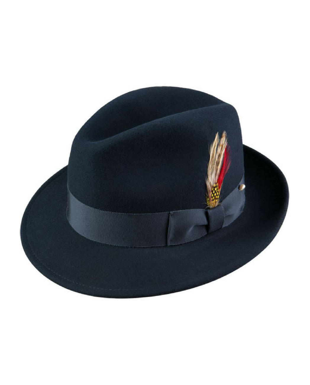 A navy blue fedora with a navy blue hatband, accented with a small feather.