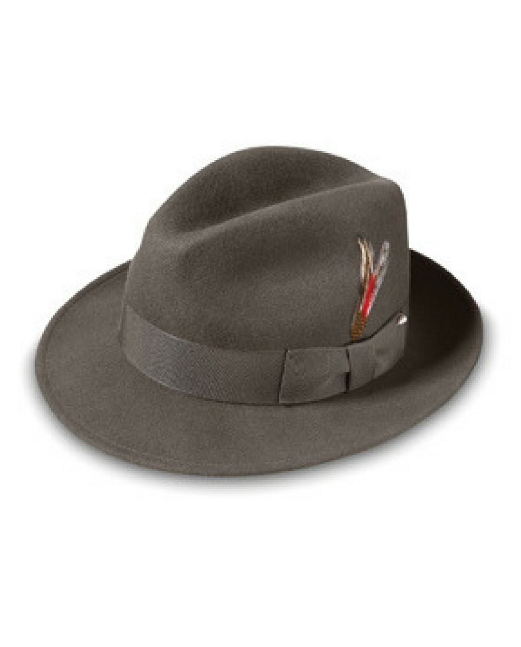 A gray fedora with a grey hatband, accented with a small feather.