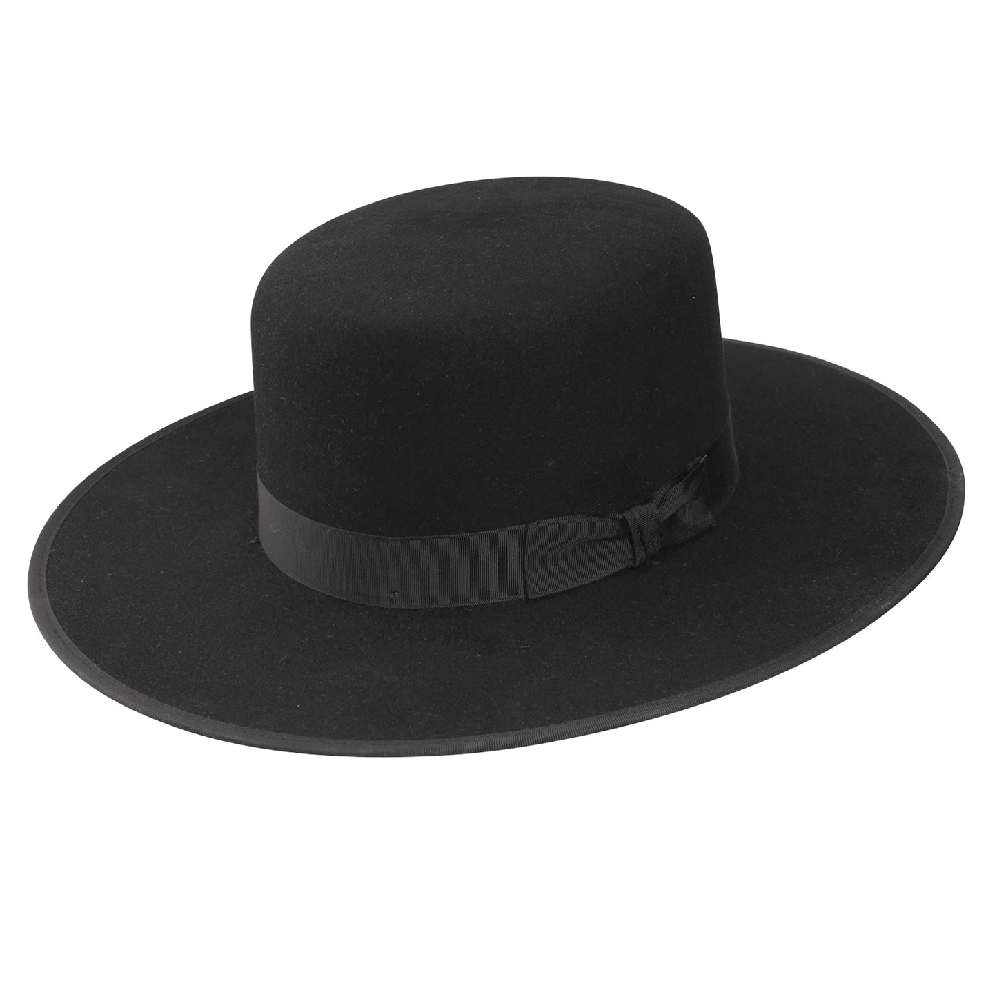 Black, wide brimmed hat made of wool felt. It features a black ribbon around the crown.
